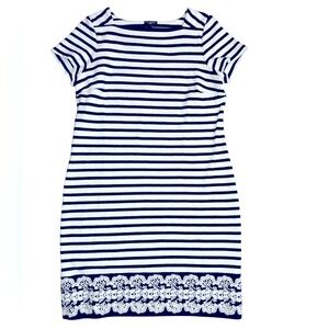Talbots dress cap sleeve pique white navy stripe appliqué border MP